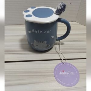Cute Cat Mug Ceramic Mug - Kawaii Tea Mug with Lid and Spoon Kitty Tea Cup